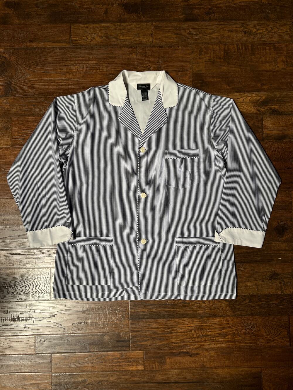 Vintage Christian Dior Monsieur Cotton Blend Pajama Shirt Blue Pinstripe Top XL